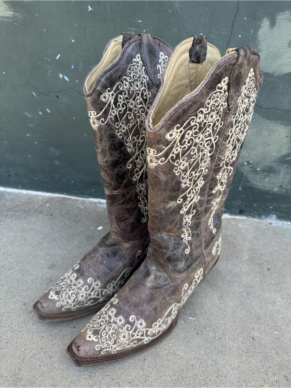 Embroidered Brown Leather Western Cowboy Boots with Cream Scrollwork